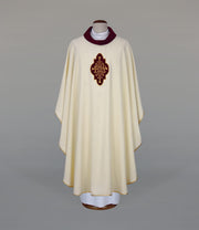 Ecru Chasuble with embroidery and velvet appliqué — front view