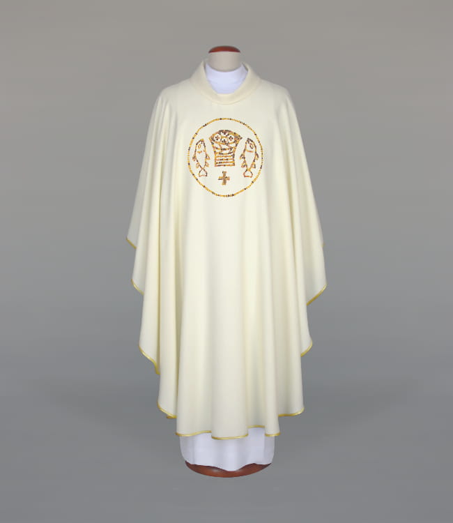 Ecru Chasuble with Eucharistic embroidery — front view