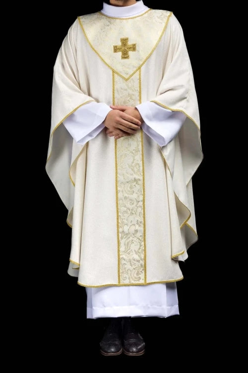 Ecru Chasuble with gold cross and jacquard fabric — full view