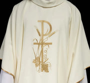 Ecru Chasuble with gold cross embroidery — front view