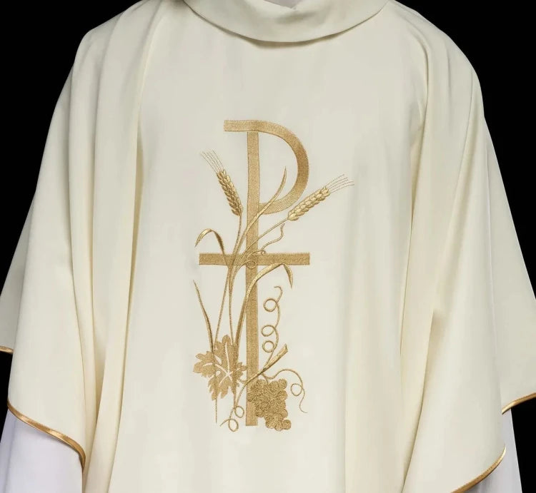 Ecru Chasuble with gold cross embroidery — front view