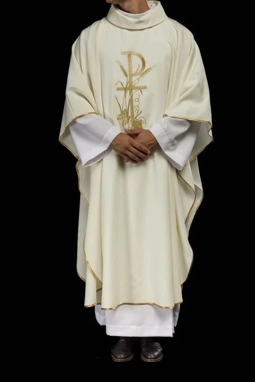 Ecru Chasuble with gold cross embroidery — full view