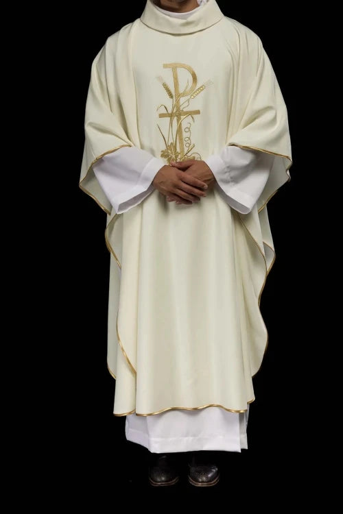 Ecru Chasuble with gold cross embroidery — side view