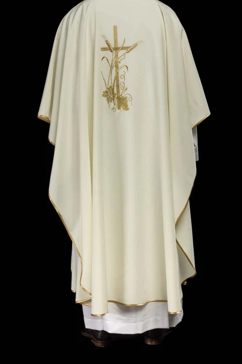Ecru Chasuble with gold cross embroidery — collar detail