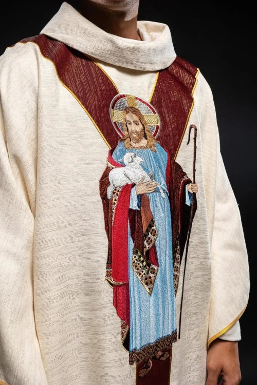 Ecru Chasuble with Good Shepherd image and burgundy decorative band — front view