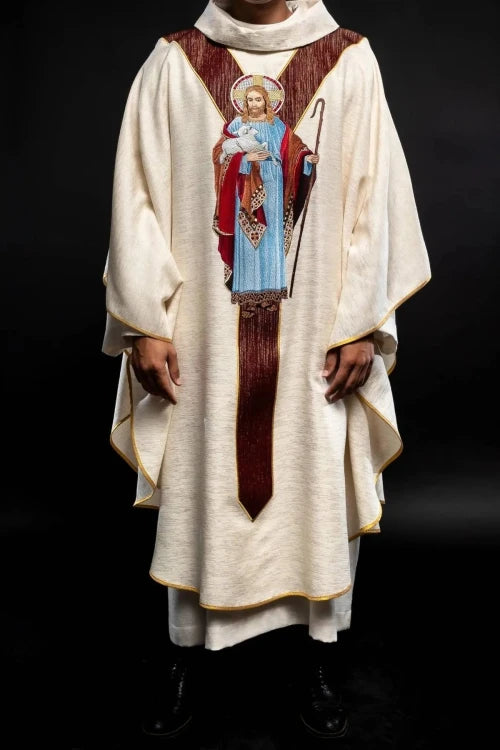 Ecru Chasuble with Good Shepherd image and burgundy decorative band — full view