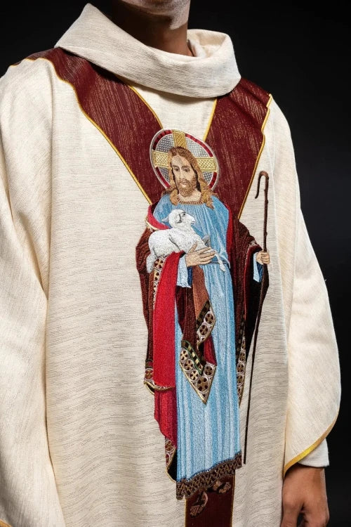 Ecru Chasuble with Good Shepherd image and burgundy decorative band — back view
