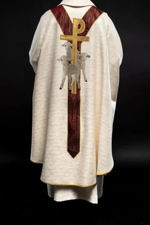 Ecru Chasuble with Good Shepherd image and burgundy decorative band — close-up detail