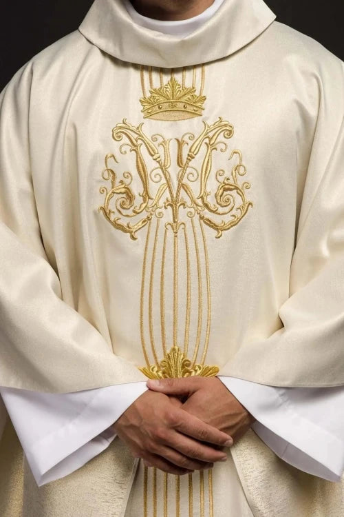 Ecru Chasuble with hand-applied Marian decoration with natural stones — front view