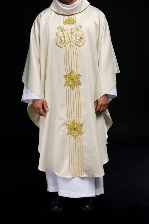 Ecru Chasuble with hand-applied Marian decoration with natural stones — full view