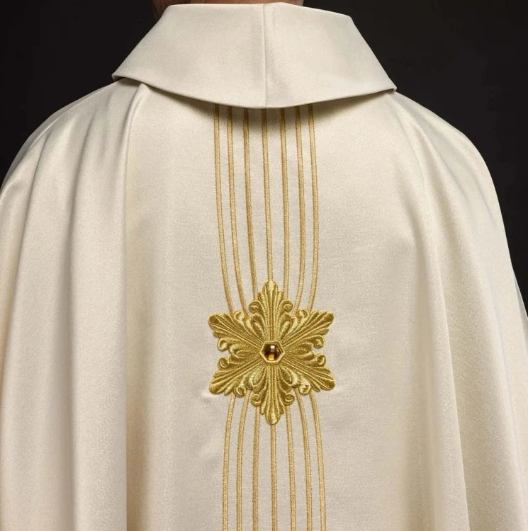 Ecru Chasuble with hand-applied Marian decoration with natural stones — side view