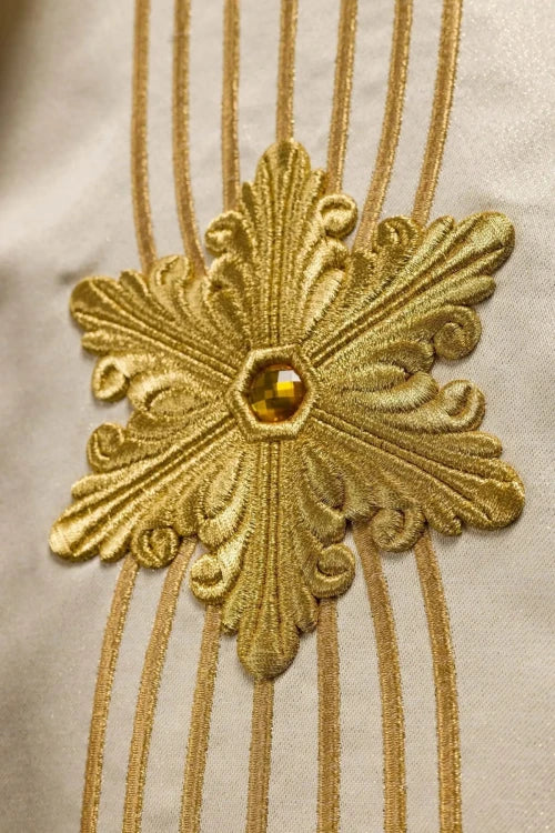 Ecru Chasuble with hand-applied Marian decoration with natural stones — collar detail
