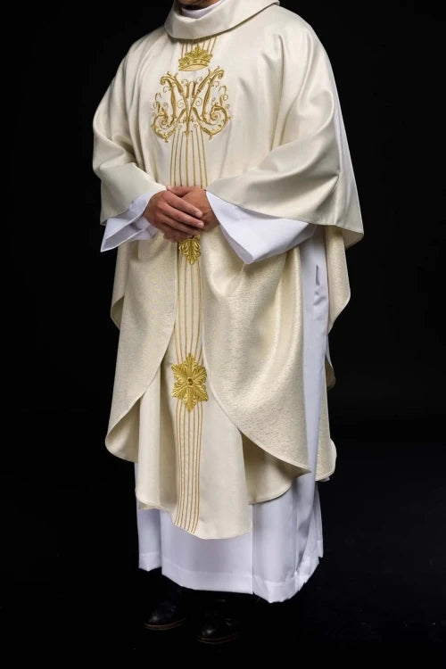 Ecru Chasuble with hand-applied Marian decoration with natural stones — vestment detail