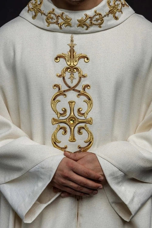 Ecru Chasuble with hand-applied natural-stone decoration — front view