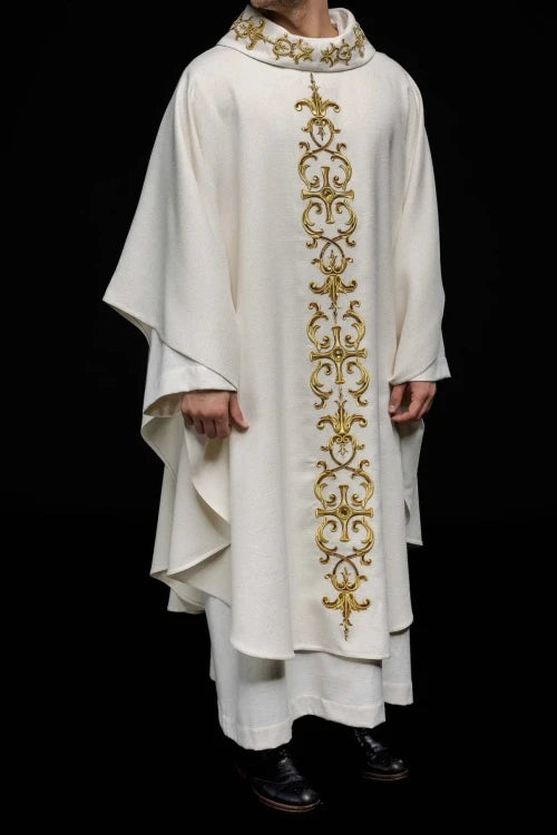 Ecru Chasuble with hand-applied natural-stone decoration — full view
