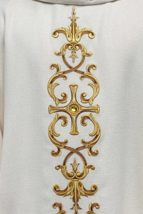 Ecru Chasuble with hand-applied natural-stone decoration — decoration detail