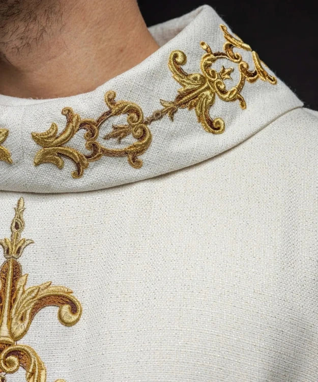 Ecru Chasuble with hand-applied natural-stone decoration — back view