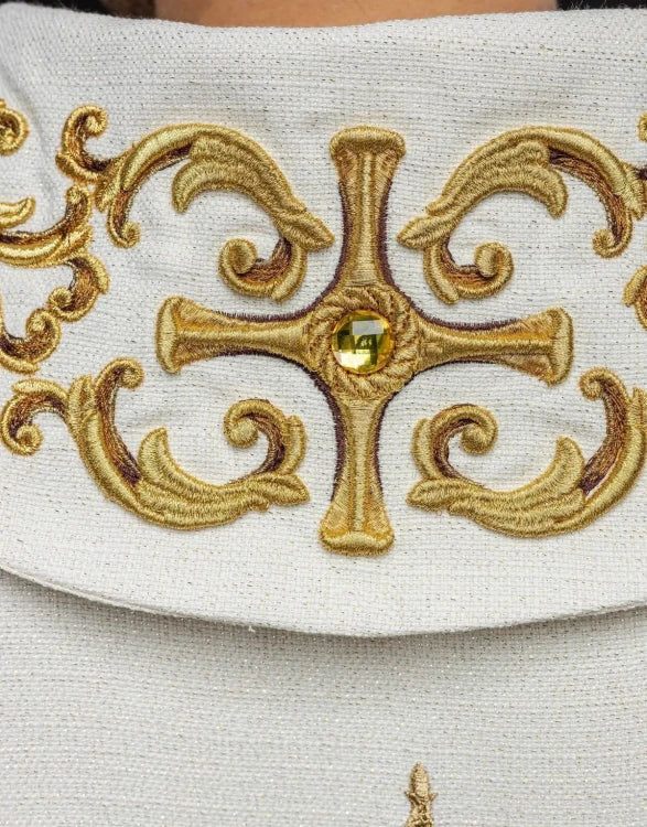 Ecru Chasuble with hand-applied natural-stone decoration — close-up detail