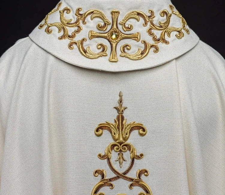 Ecru Chasuble with hand-applied natural-stone decoration — side view