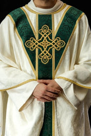 Ecru Chasuble with handcrafted natural-stone decoration — front view