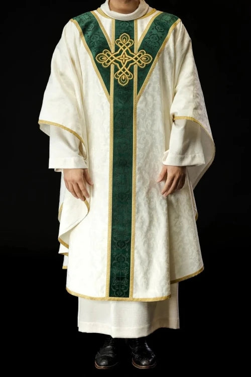 Ecru Chasuble with handcrafted natural-stone decoration — full view