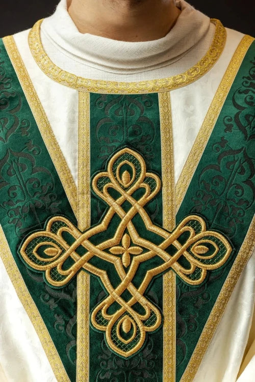 Ecru Chasuble with handcrafted natural-stone decoration — decoration detail