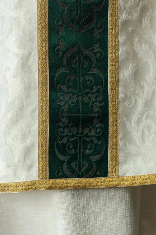 Ecru Chasuble with handcrafted natural-stone decoration — back view