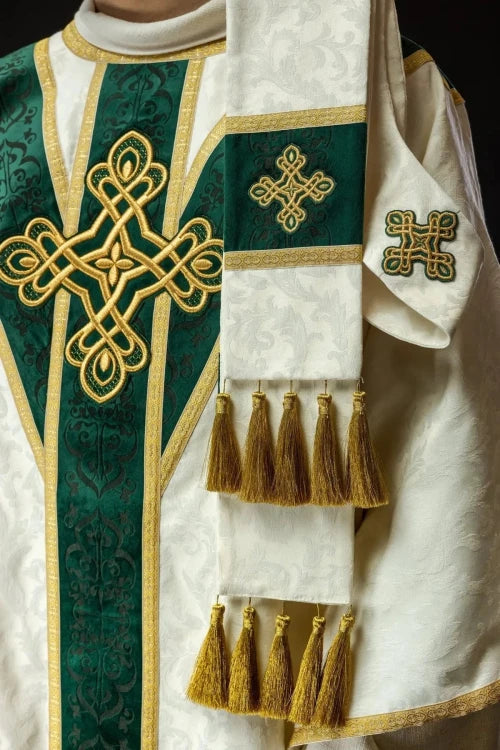 Ecru Chasuble with handcrafted natural-stone decoration — close-up detail