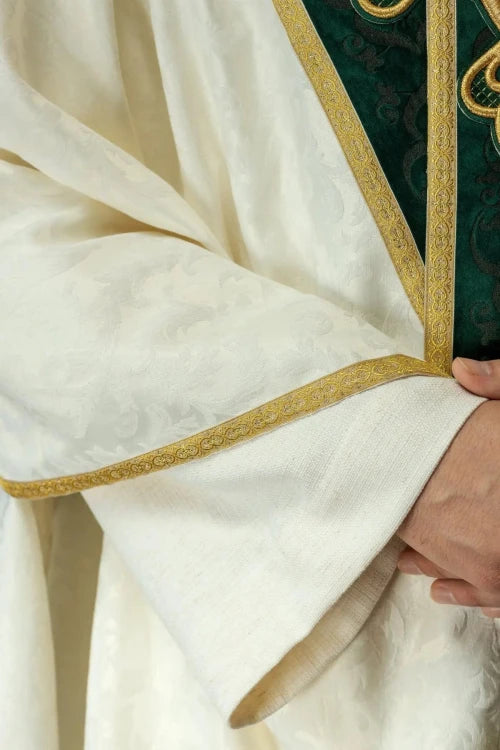 Ecru Chasuble with handcrafted natural-stone decoration — side view