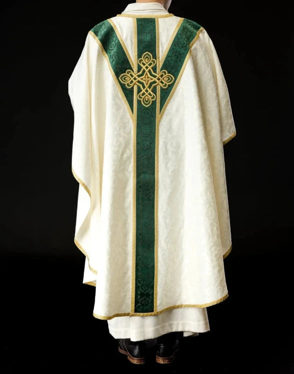Ecru Chasuble with handcrafted natural-stone decoration — fabric detail