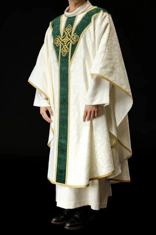 Ecru Chasuble with handcrafted natural-stone decoration — vestment detail