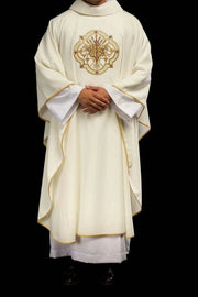 Ecru Chasuble with IHS and PAX embroidery — front view