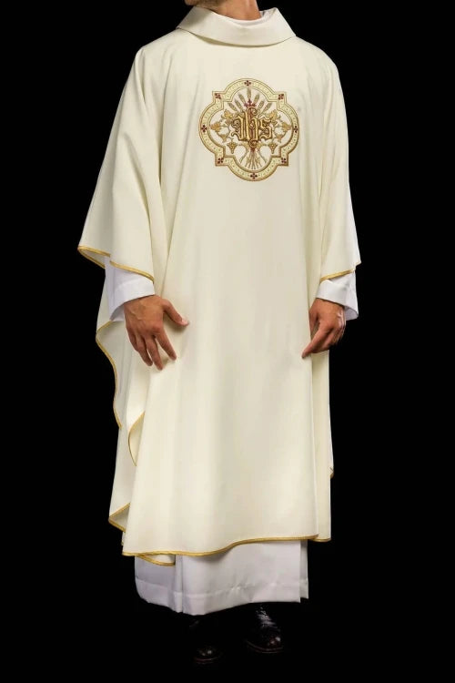 Ecru Chasuble with IHS and PAX embroidery — full view