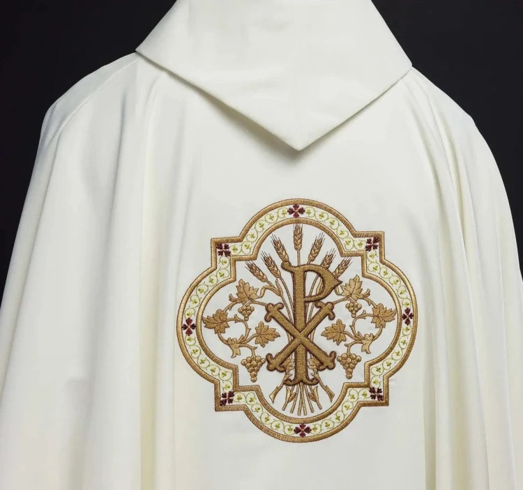 Ecru Chasuble with IHS and PAX embroidery — back view