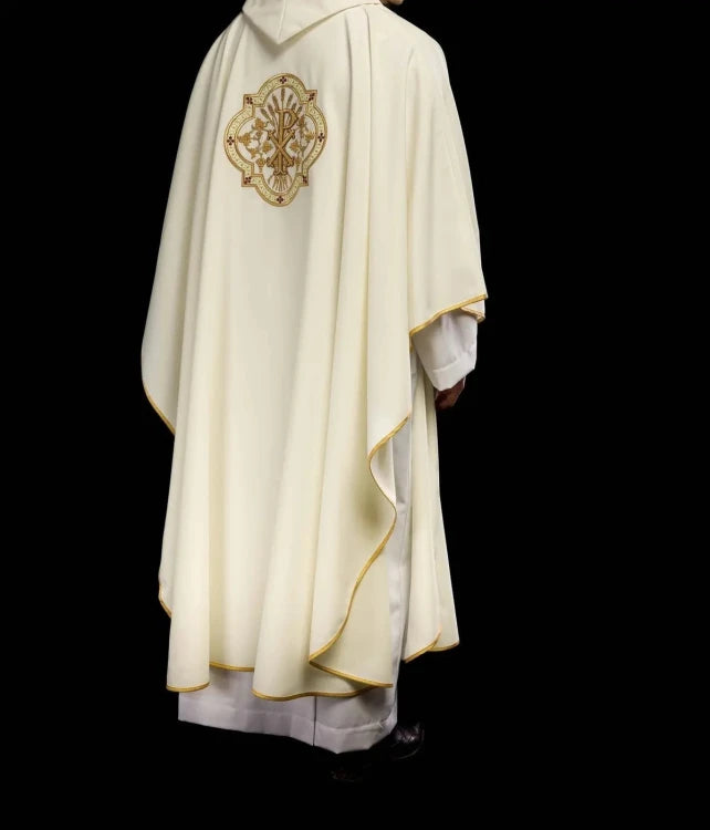Ecru Chasuble with IHS and PAX embroidery — close-up detail