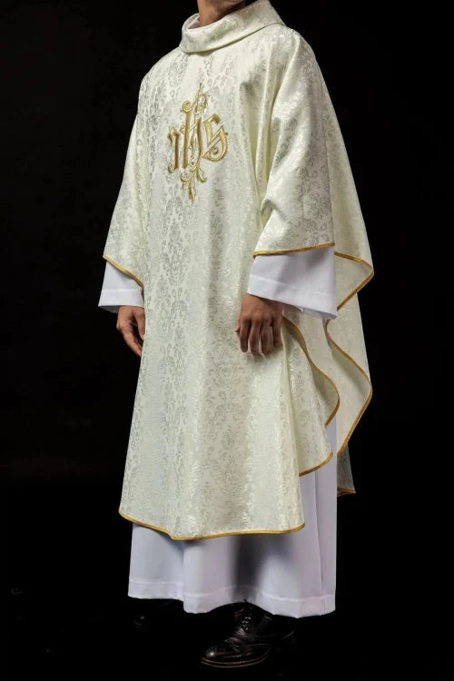 Ecru Chasuble with IHS embroidery on decorative fabric — full view
