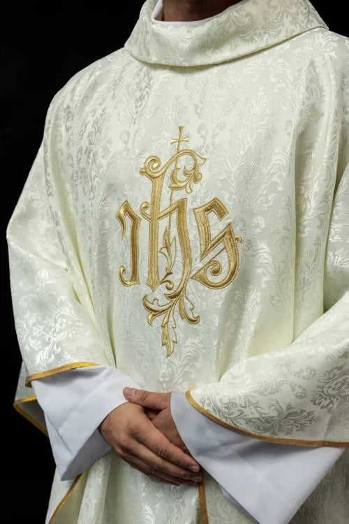 Ecru Chasuble with IHS embroidery on decorative fabric — decoration detail