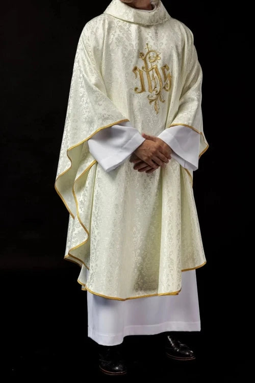 Ecru Chasuble with IHS embroidery on decorative fabric — collar detail