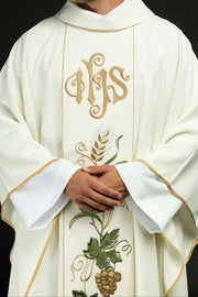 Ecru Chasuble with IHS, grapes and wheat embroidery — front view
