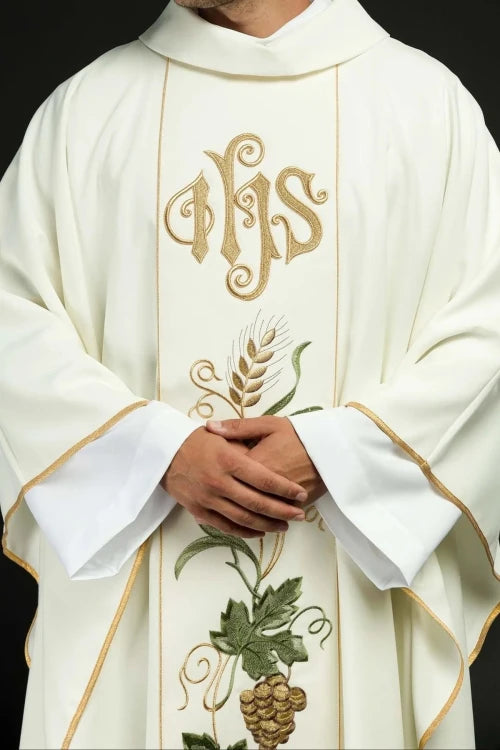 Ecru Chasuble with IHS, grapes and wheat embroidery — front view