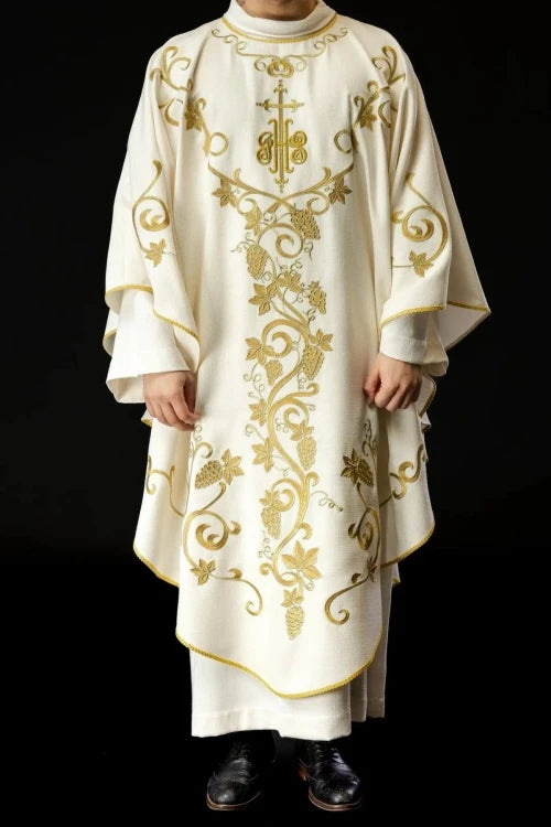 Ecru Chasuble with IHS, grapes and wheat embroidery — front view