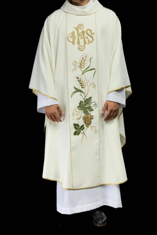 Ecru Chasuble with IHS, grapes and wheat embroidery — full view