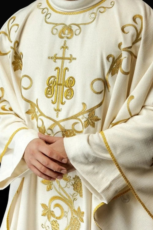Ecru Chasuble with IHS, grapes and wheat embroidery — full view