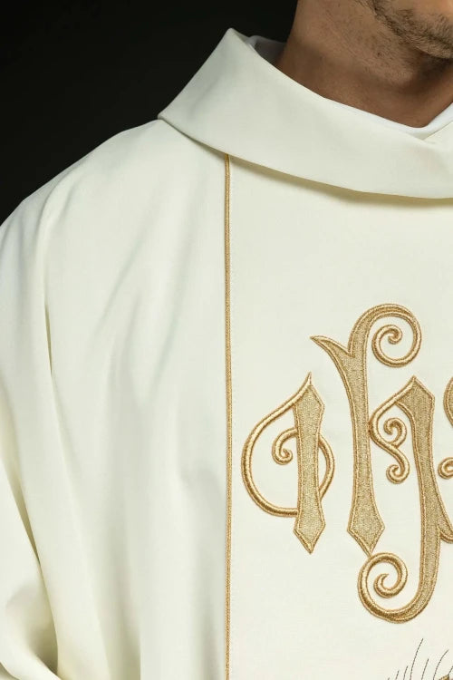Ecru Chasuble with IHS, grapes and wheat embroidery — back view