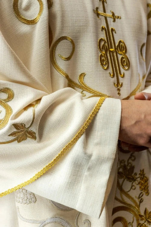 Ecru Chasuble with IHS, grapes and wheat embroidery — back view