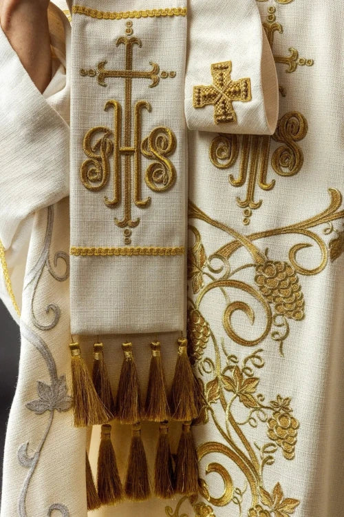 Ecru Chasuble with IHS, grapes and wheat embroidery — close-up detail