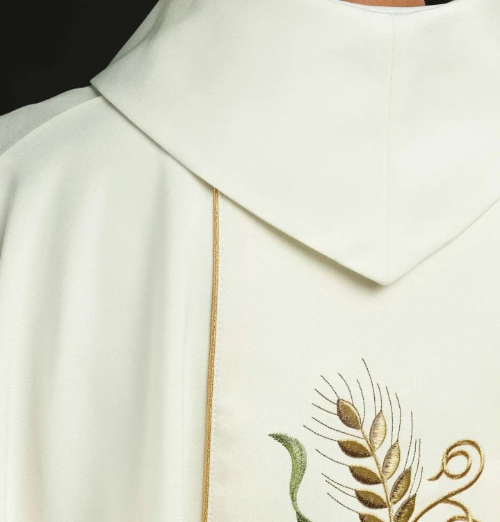 Ecru Chasuble with IHS, grapes and wheat embroidery — side view