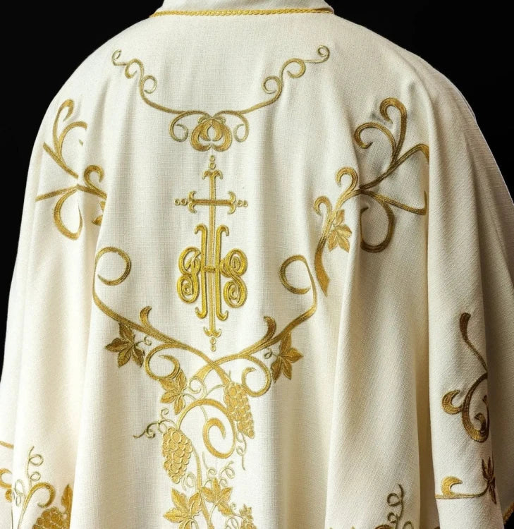 Ecru Chasuble with IHS, grapes and wheat embroidery — side view