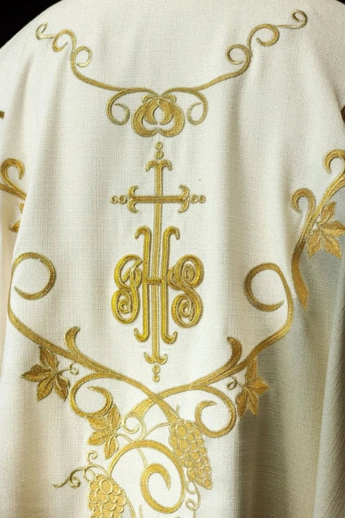 Ecru Chasuble with IHS, grapes and wheat embroidery — collar detail