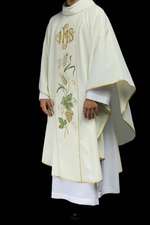 Ecru Chasuble with IHS, grapes and wheat embroidery — vestment detail